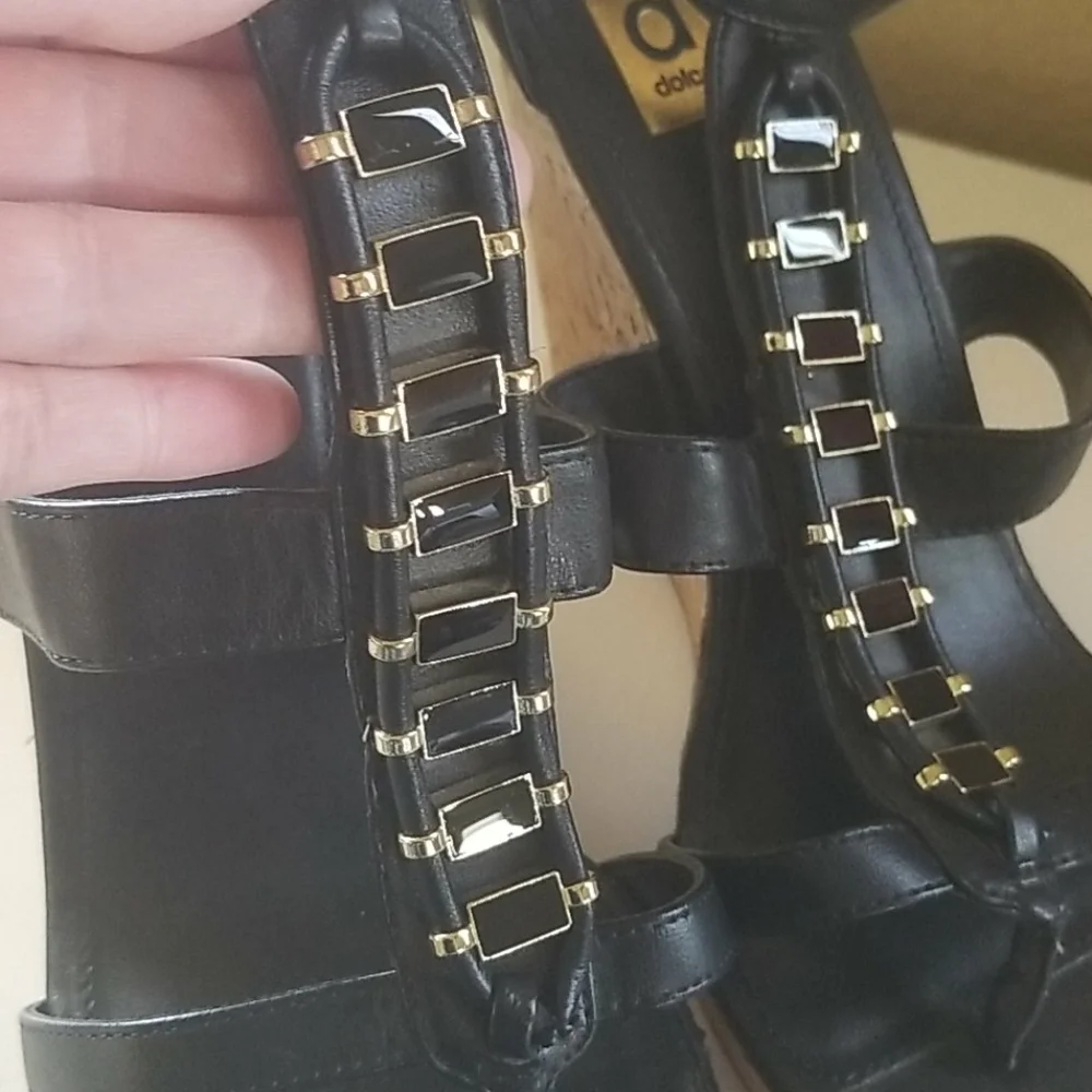 Dolce Vita Thadie Black Gold Embellished wedges 9.5